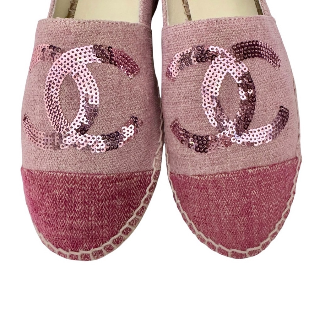 🆕💕CHANEL 2-Tone Pink Canvas & Sequin CC Logo Cap-Toe Espadrilles Flats • EU 37 - Picture 9 of 16